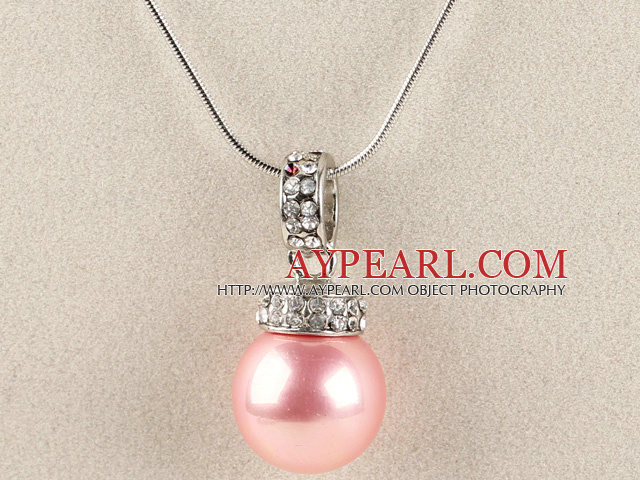 pink 16mm sea shell bead pendant necklace with shinning crystal rhinestone