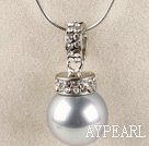 silver gray 16mm sea shell bead pendant necklace with shinning crystal rhinestone