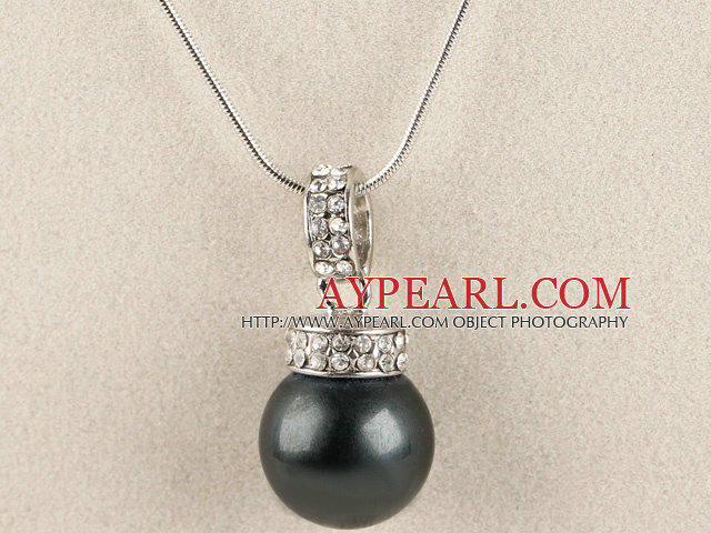 black 16mm sea shell bead pendant necklace with shinning crystal rhinestone