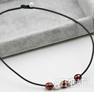 Simple Design White and Brown FW Pearl Necklace with Black Leather