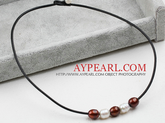 Simple Design White and Brown FW Pearl Necklace with Black Leather