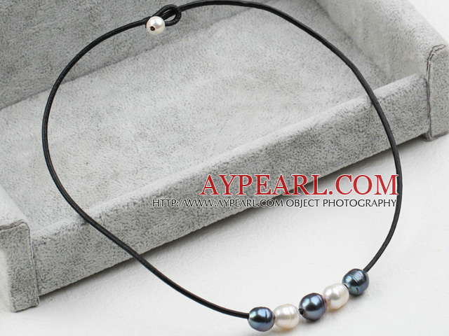 Simple Design White and Black FW Pearl Necklace with Black Leather