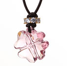 Summer New Released Pink Austrian Crystal Four Leaf Clover Pendant Necklace with Dark Brown Leather