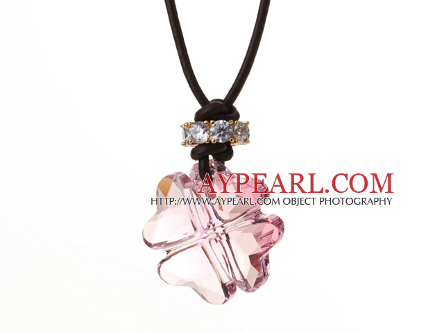 Summer New Released Pink Austrian Crystal Four Leaf Clover Pendant Necklace with Dark Brown Leather