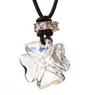 Summer New Released Clear Austrian Crystal Four Leaf Clover Pendant Necklace with Dark Brown Leather