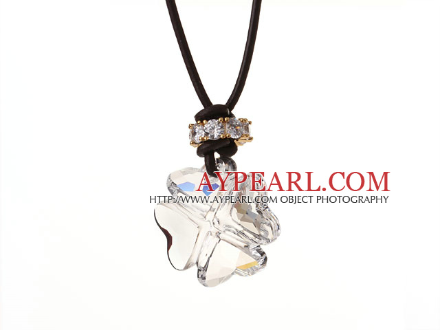 Summer New Released Clear Austrian Crystal Four Leaf Clover Pendant Necklace with Dark Brown Leather