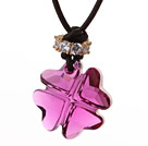 Summer New Released Lovely Purple Austrian Crystal Four Leaf Clover Pendant Necklace with Dark Brown Leather