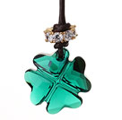 Summer New Released Green Austrian Crystal Four Leaf Clover Pendant Necklace with Dark Brown Leather