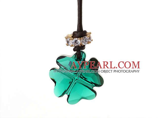 Summer New Released Green Austrian Crystal Four Leaf Clover Pendant Necklace with Dark Brown Leather
