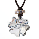 Summer New Released Light Blue Austrian Crystal Four Leaf Clover Pendant Necklace with Dark Brown Leather