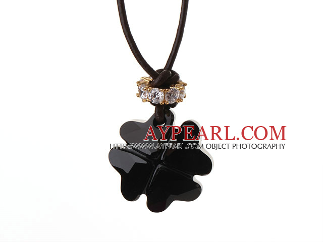 Summer New Released Cool Black Austrian Crystal Four Leaf Clover Pendant Necklace with Dark Brown Leather