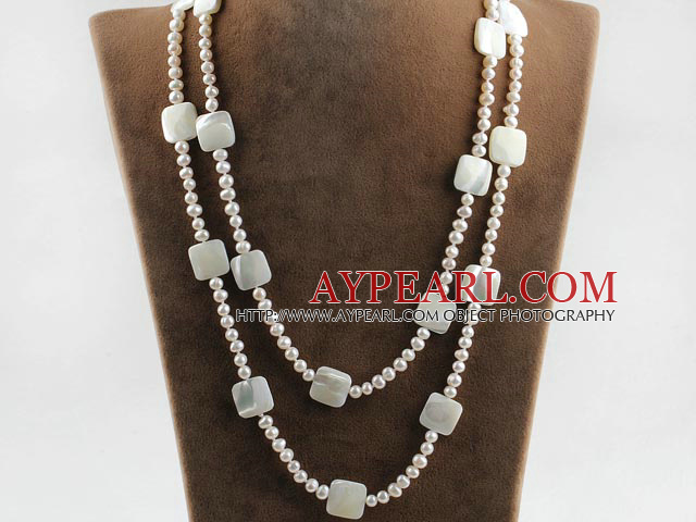 fashion long style 47.2 inches white pearl and square shape white lip shell necklace