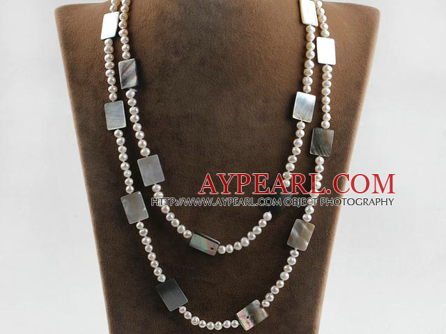 fashion long style 47.2 inches white pearl and oblong shape shell necklace