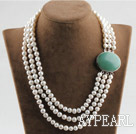 sparkly three strand white pearl necklace with aventurine box clasp