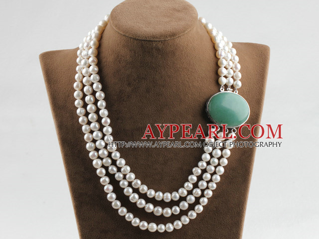 sparkly three strand white pearl necklace with aventurine box clasp