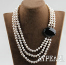 sparkly three strand 8-9mm white pearl necklace with black gem box clasp