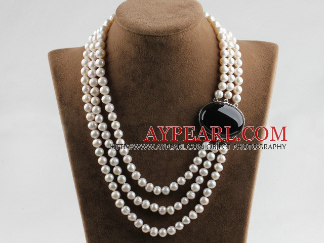 sparkly three strand 8-9mm white pearl necklace with black gem box clasp