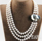 sparkly three strand white pearl necklace with big ingot clasp