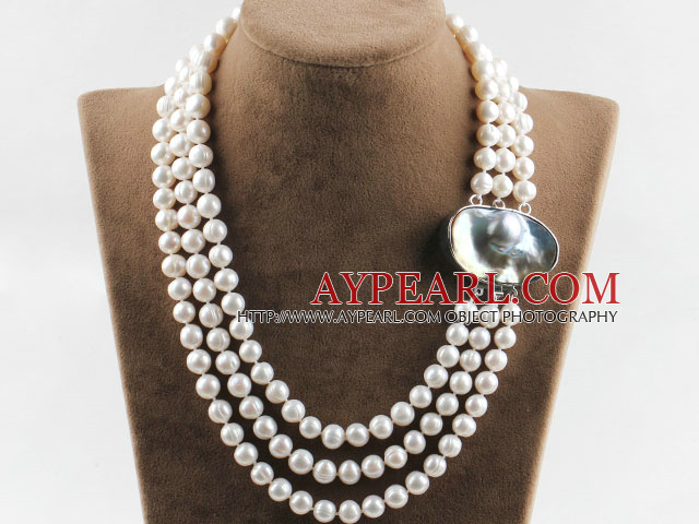 sparkly three strand white pearl necklace with big ingot clasp