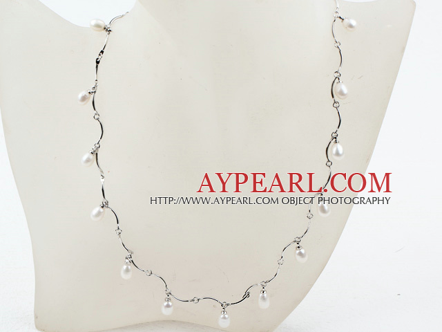Ny design vita sötvatten Pearl Halsband med metallkedja