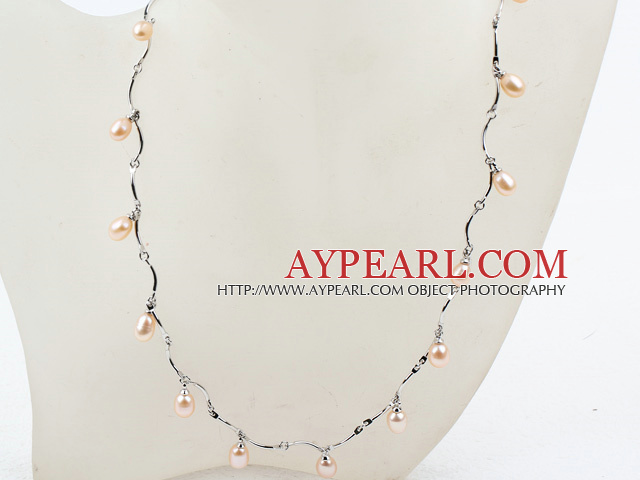 Ny design Pink Freshwater Pearl Necklace med Metal Chain