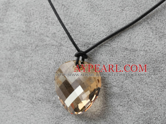 Simple Design Golden Champagne Color Faceted Austrian Crystal Potato Chips Shape Pendant with Leather Chain