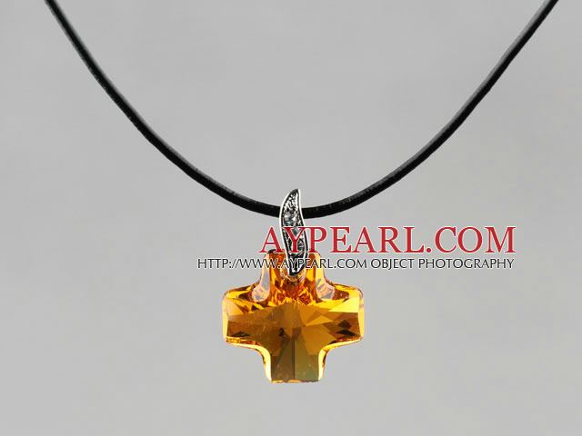 Simple Style 18mm Amber Color Austrian Crystal Cross Pendant Necklace