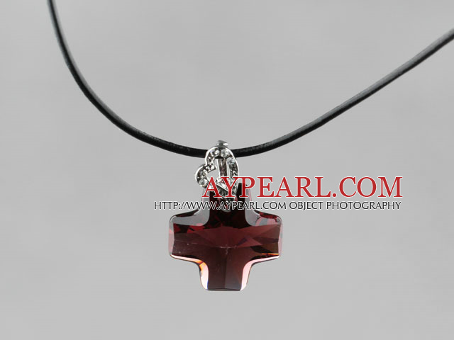 Simple Style 18mm Wine Red Color Austrian Crystal Cross Pendant Necklace