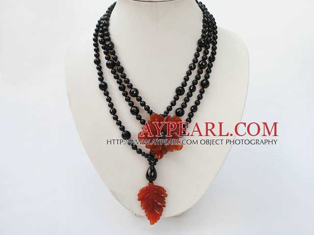 svart og rød agat beaded multi tråd halskjede