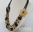 multi strand black agate and Citrine necklace with flower