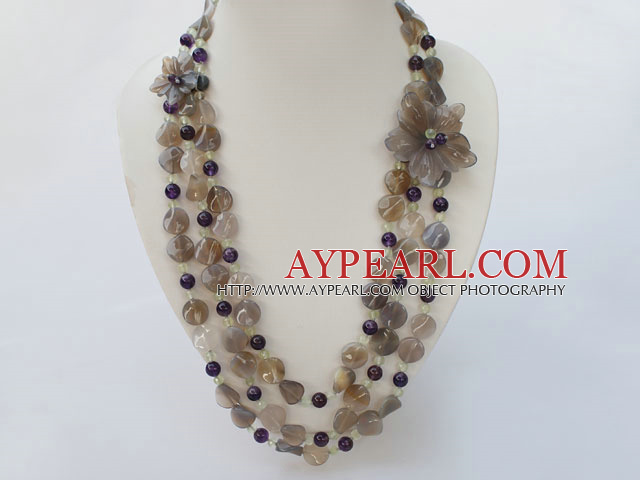 natural amethyst and grey agate necklace with flower