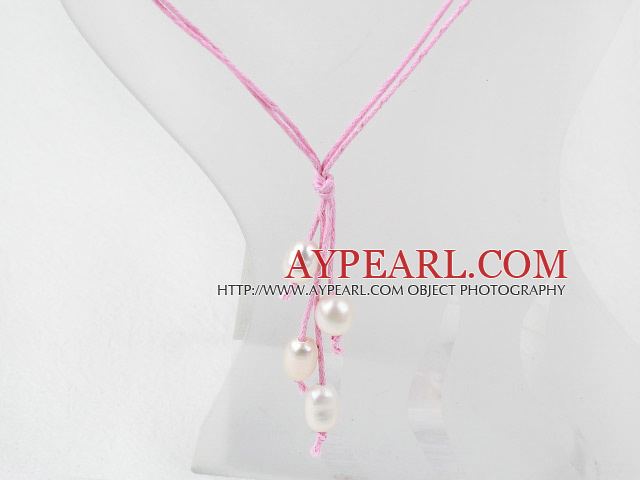 Simple Style Natural White Freshwater Pearl Necklace with Pink Thread