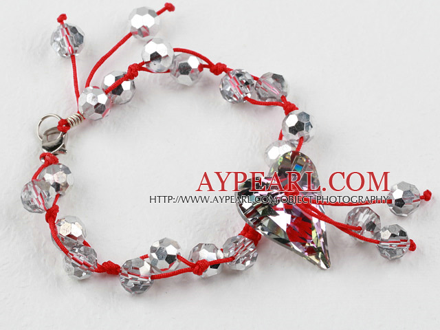 Silver Color Crystal and Heart Shape Austrian Crystal Bracelet with Red Thread