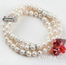 Three Strand White Freshwater Pearl and Heart Shape Austrian Crystal Bridal Bracelet