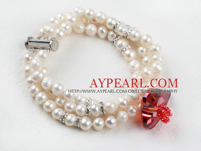 Three Strand White Freshwater Pearl and Heart Shape Austrian Crystal Bridal Bracelet