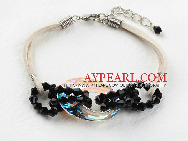 Simple Style Black Crystal and Austrian Crystal Donuts Bracelet with White Cord