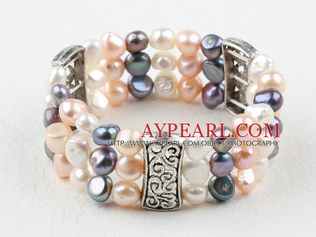 Classique Desgin trois volets blanc d'eau douce noire Pink Pearl Bracelet élastique