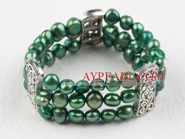 Classic Desgin Three Strands Green Freshwater Pearl Elastic Bangle Bracelet