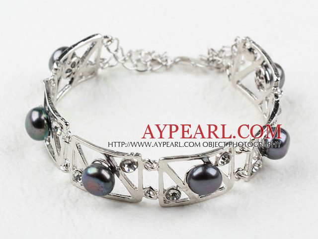 Fashion Style Black Pearl Metal Bangle Bracelet with Adjustable Chain