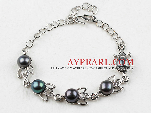 Mote Stil Mabe Svart Ferskvann Pearl Metal armbånd med Justerbar Chain