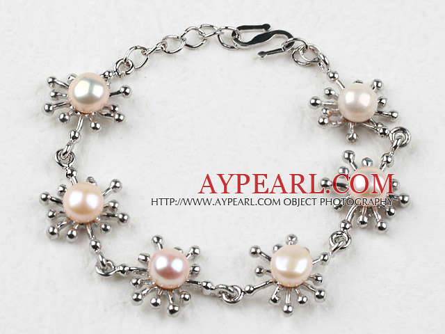 Fashion Style Pink Freshwater Pearl Flower Metal Bracelet with Adjustable Chain