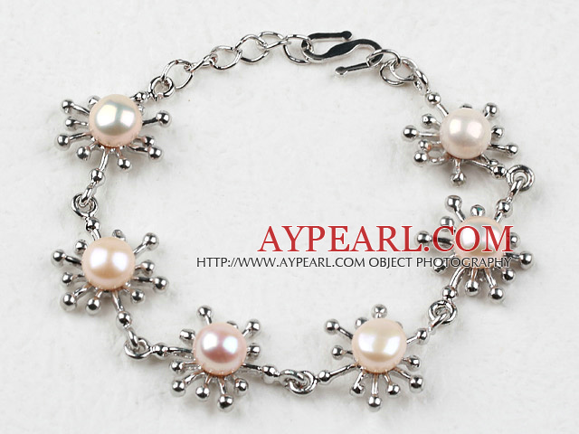 Mote Stil rosa ferskvannsperle Flower metall armbånd med Justerbar Chain