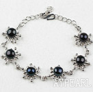 Fashion Style Black Freshwater Pearl Flower Metal Bracelet with Adjustable Chain