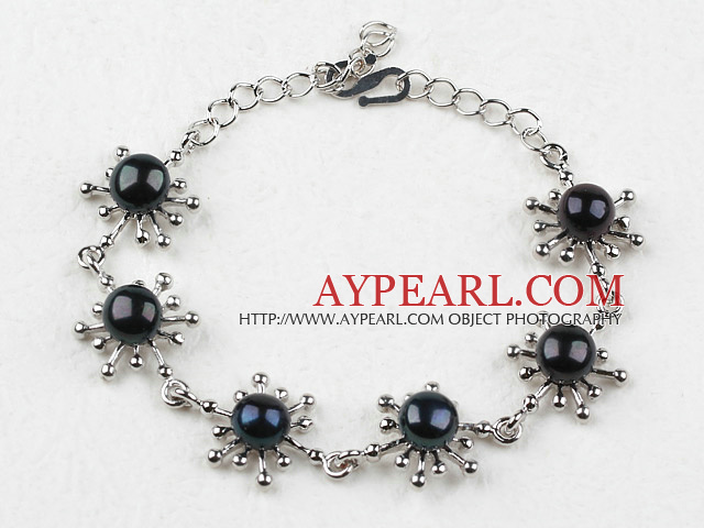 Mote Stil Svart Ferskvann Pearl Flower metall armbånd med Justerbar Chain