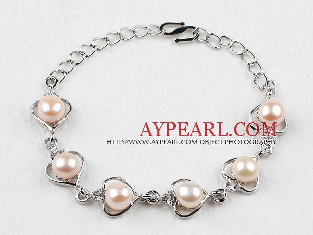 Fashion Style d'eau douce de coeur rose perle bracelet en métal de forme avec la chaîne réglable