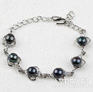 Fashion Style Black Freshwater Pearl Heart Shape Metal Bracelet with Adjustable Chain