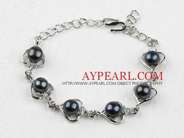 Fashion Style Black Freshwater Pearl Heart Shape Metal Bracelet with Adjustable Chain