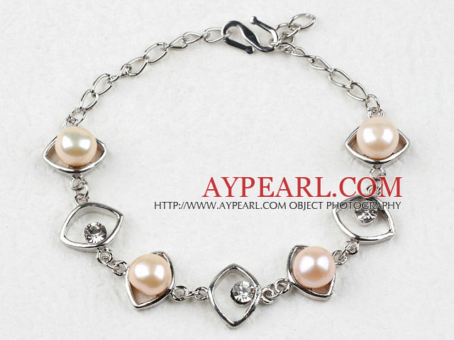 Fashion Style Pink Freshwater Pearl Horse Eye Shape Metal Bracelet with Adjustable Chain