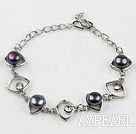 Fashion Style Black Freshwater Pearl Horse Eye Shape Metal Bracelet with Adjustable Chain