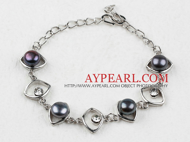 Fashion Style Black Freshwater Pearl Horse Eye Shape Metal Bracelet with Adjustable Chain